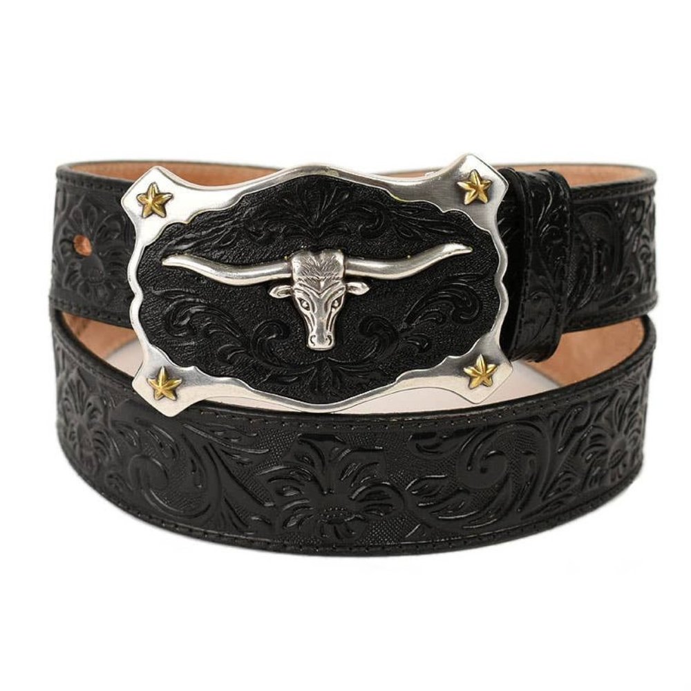 JUSTIN Mens Black Floral Tooled Leather Belt Longhorn Buckle 36 NEW